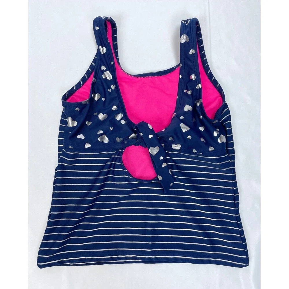 Justice Girl Size 12 Blue Pink Silver Flip Sequin Heart Swim Top Tankini Keyhole